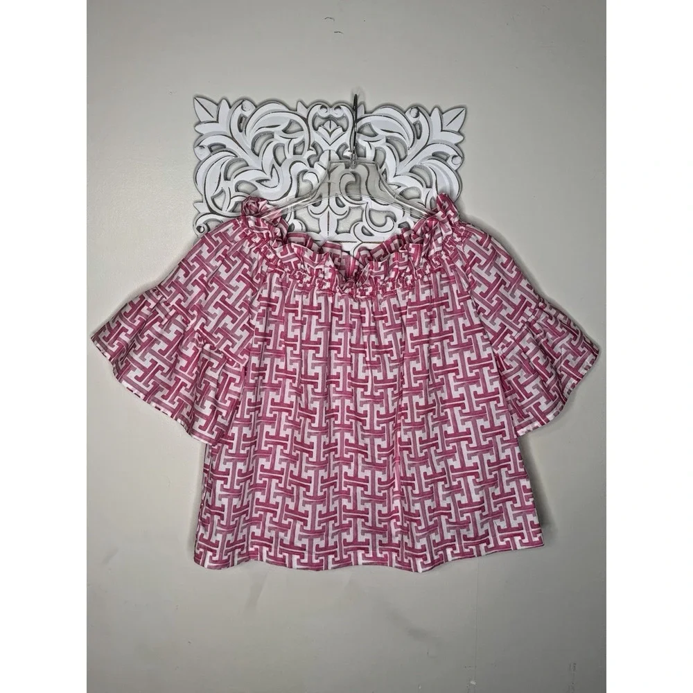 Brooke Wright USA Pink White Geometric Off Shoulder Cotton Peasant Crop Top S